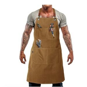 Canvas Work Apron Cross Back Heavy Duty Carpenter Workshop Pockets